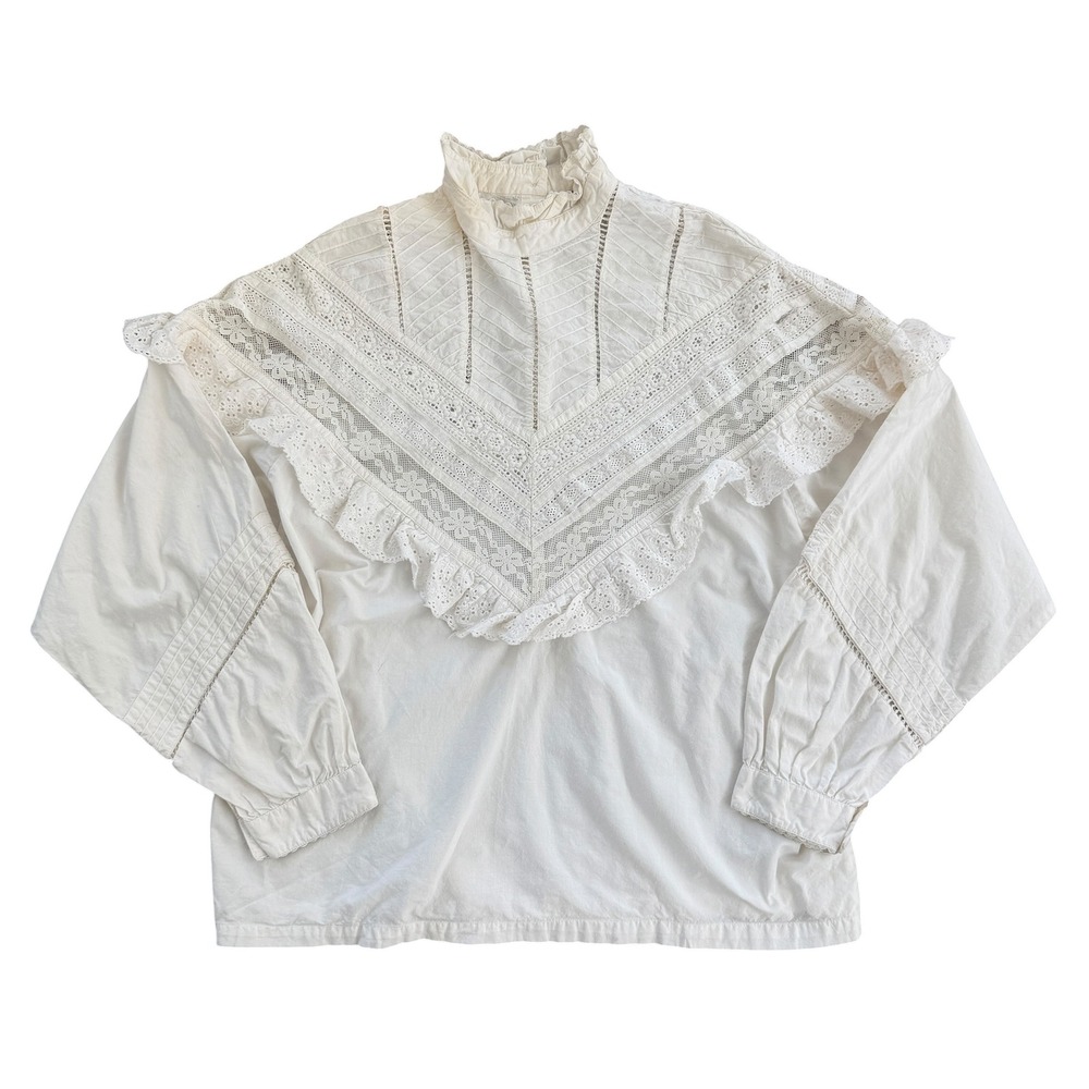 Vintage 1970s Edwardian Lace Blouse High Neck Victorian India Cotton L White